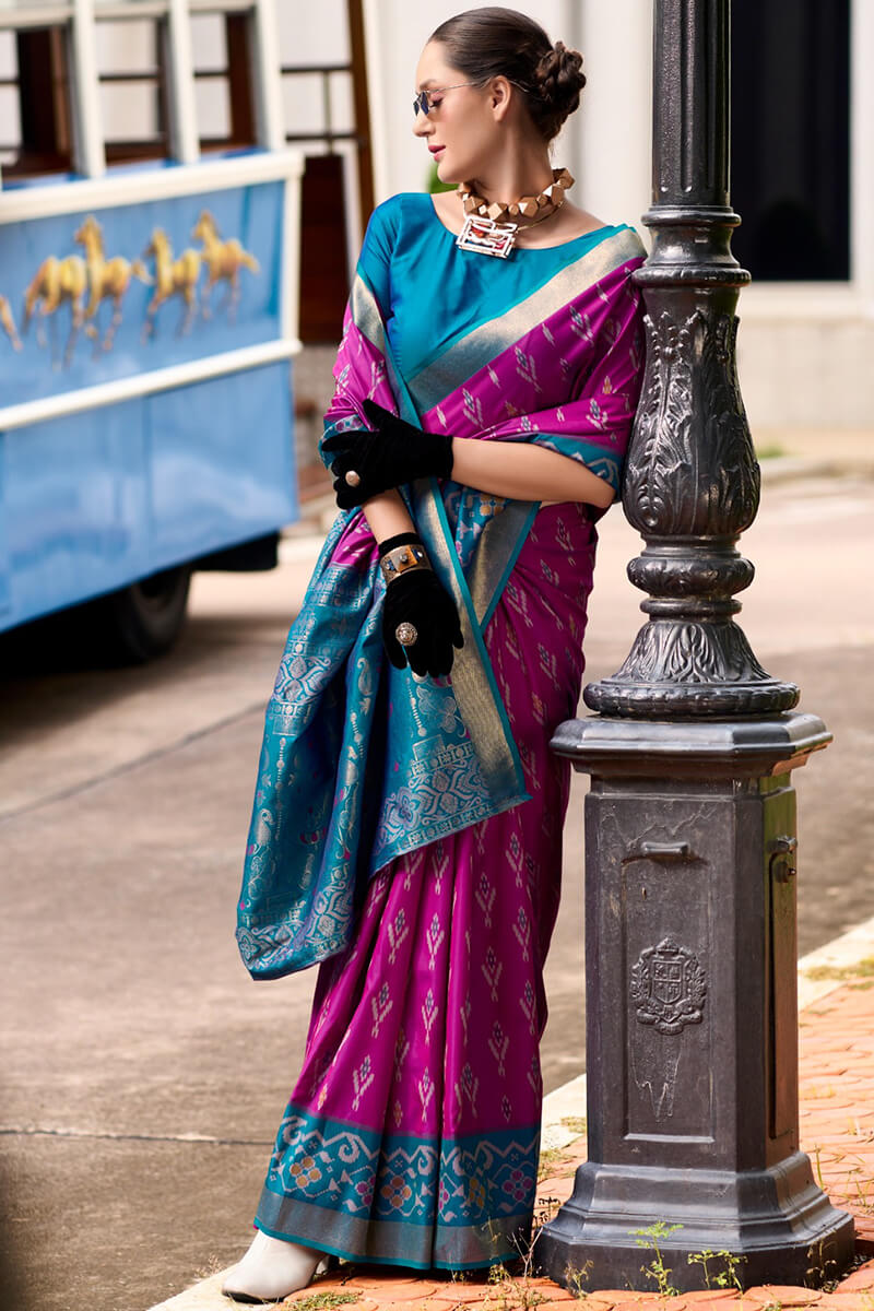 Warm Purple Soft Silk Saree with Ikkat Border