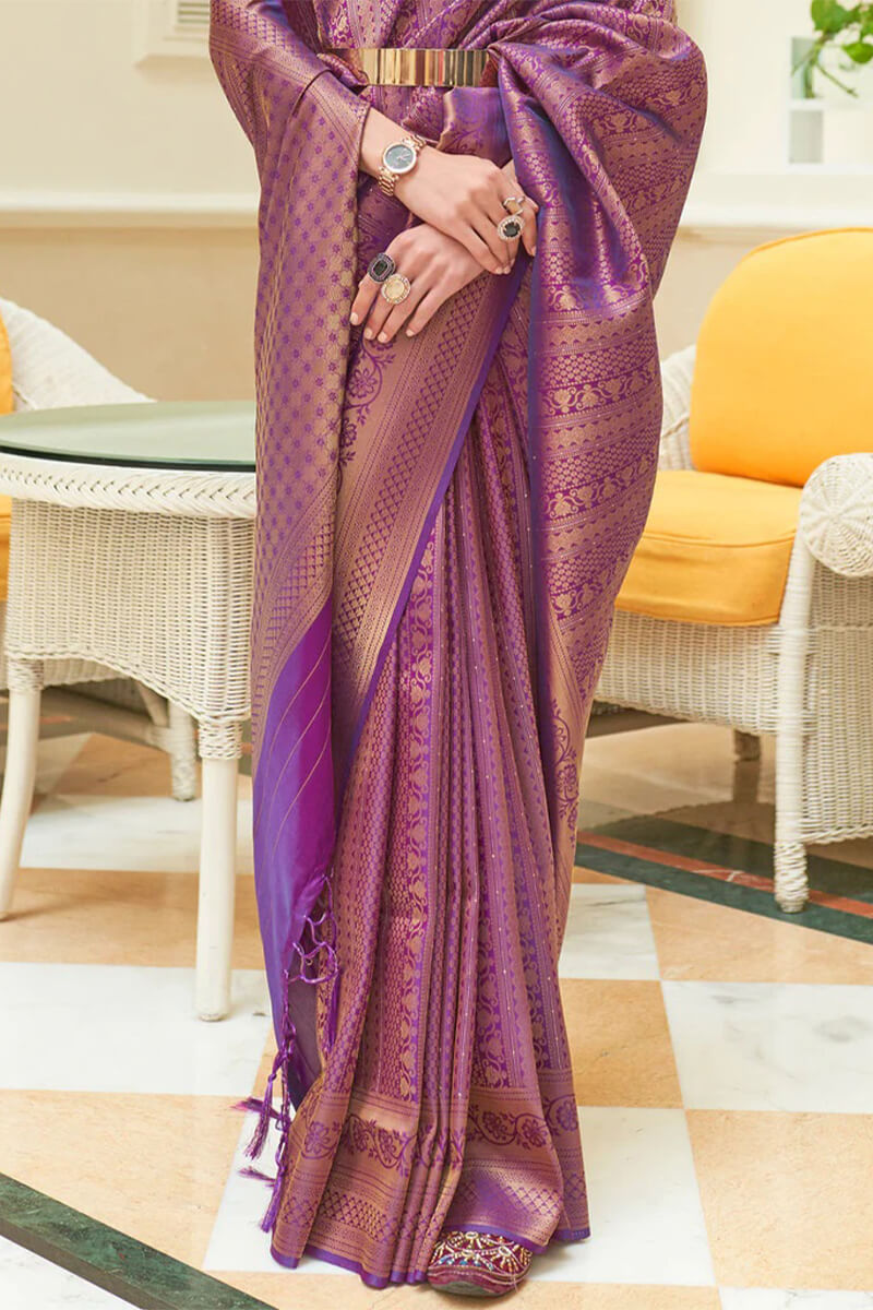 Warm Purple Zari Woven and Sequence Work Kanjivaram Silk Saree
