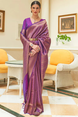 Warm Purple Zari Woven and Sequence Work Kanjivaram Silk Saree