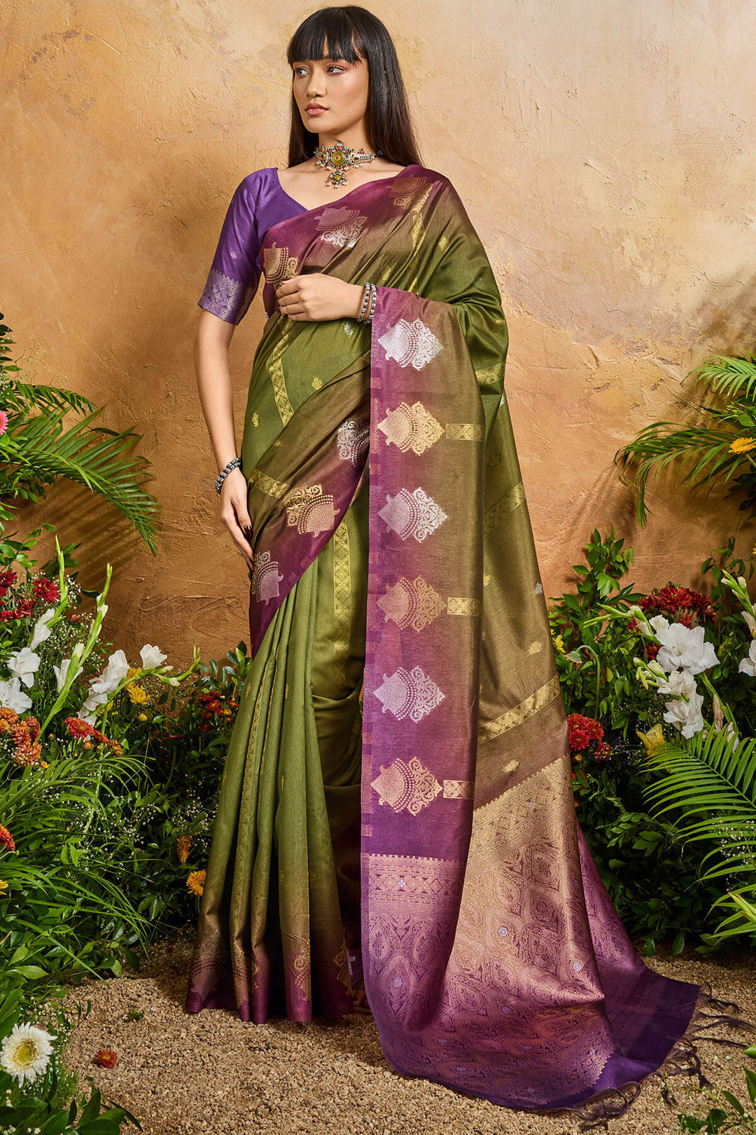 Wasabi Green Banarasi Paper Silk Saree
