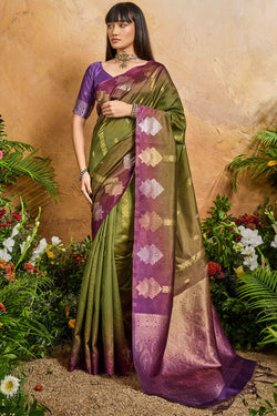 Wasabi Green Banarasi Paper Silk Saree