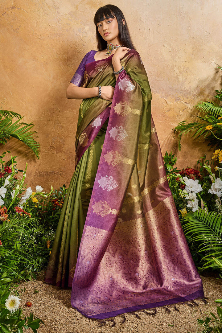 Wasabi Green Banarasi Paper Silk Saree