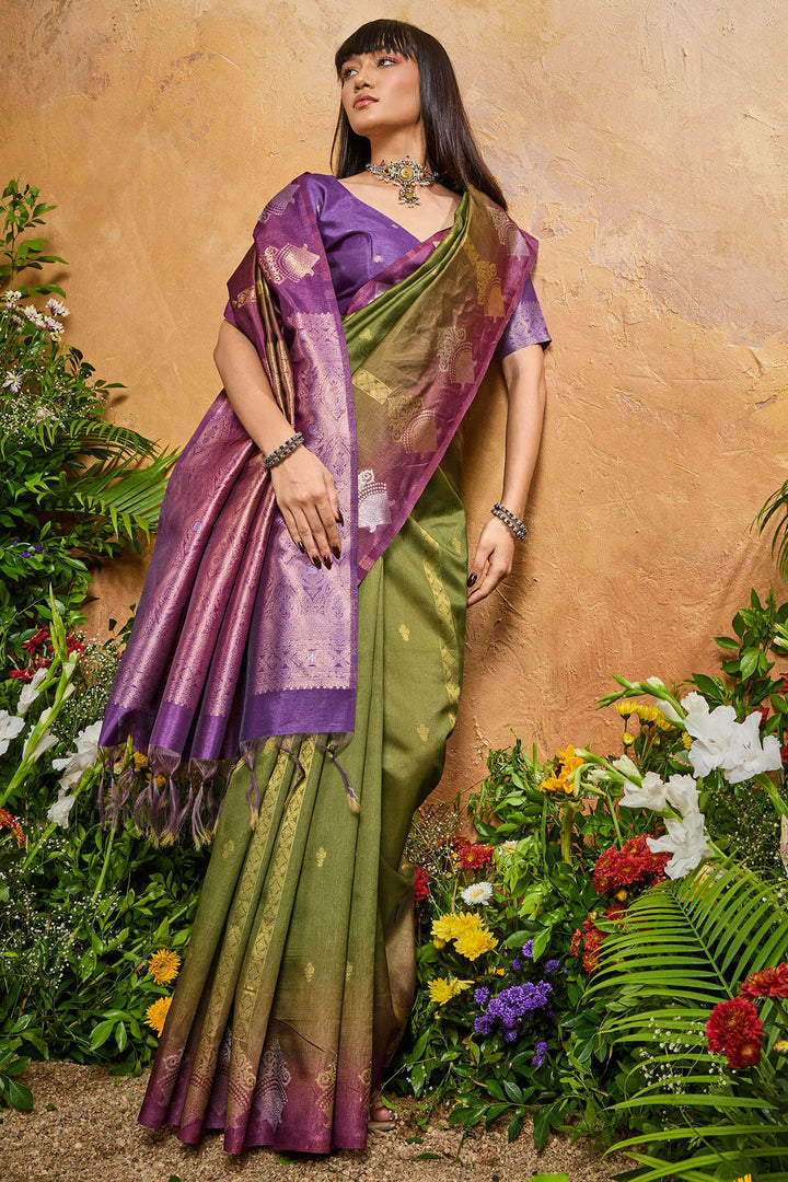 Wasabi Green Banarasi Paper Silk Saree