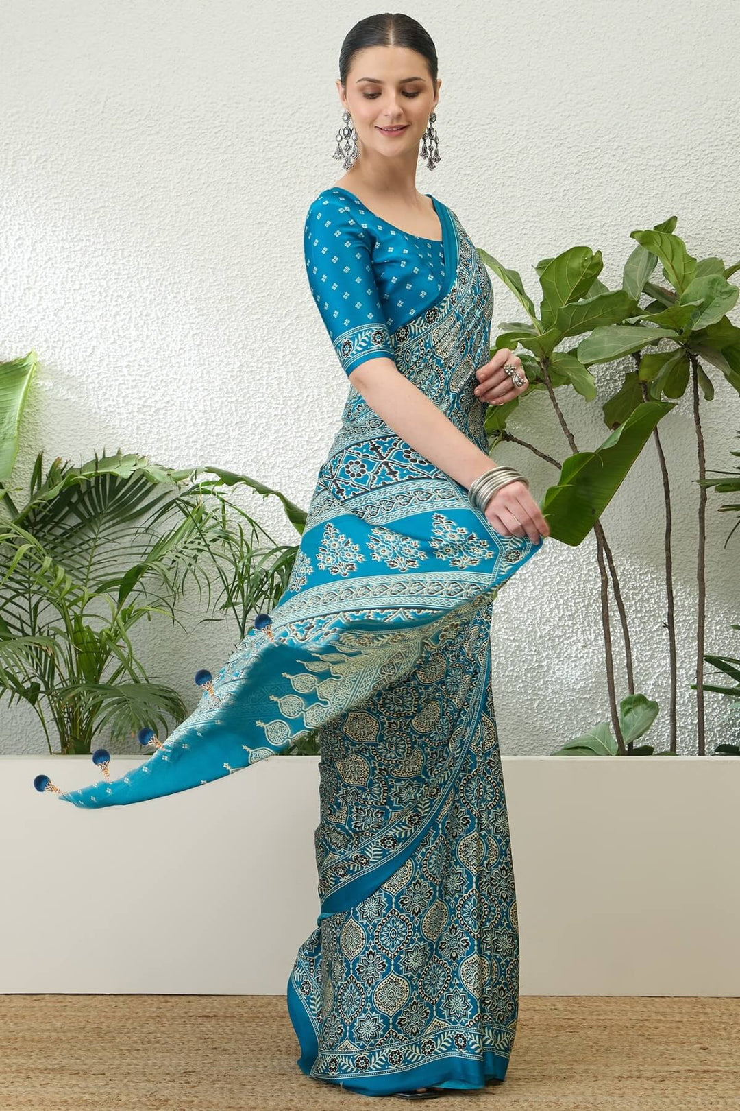 Water Blue Printed Satin Silk Saree
