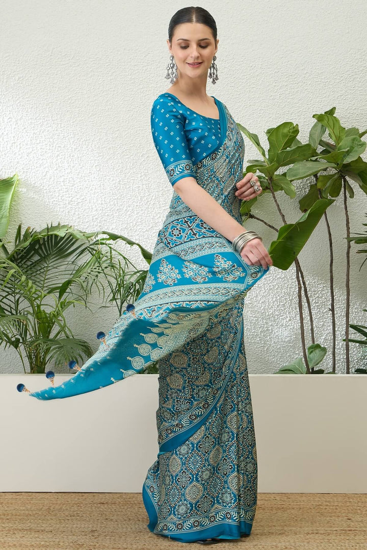 Water Blue Printed Satin Silk Saree