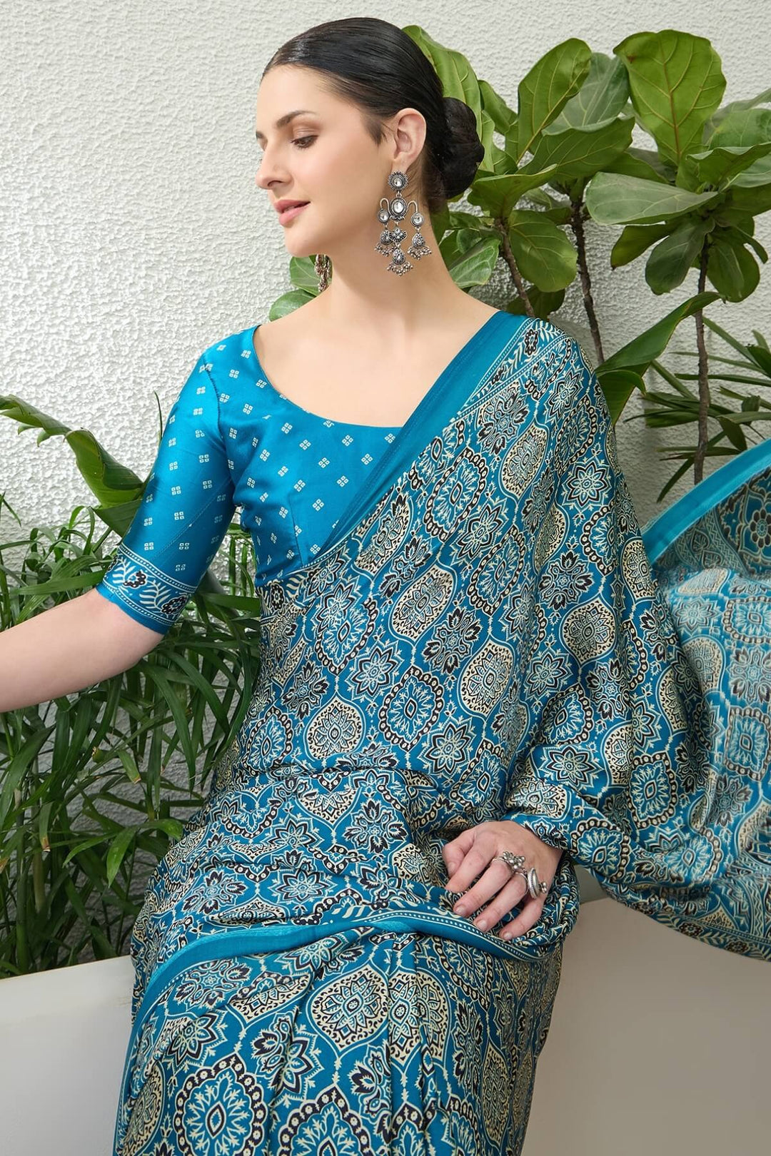 Water Blue Printed Satin Silk Saree