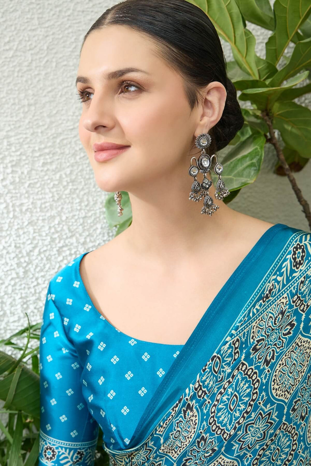 Water Blue Printed Satin Silk Saree