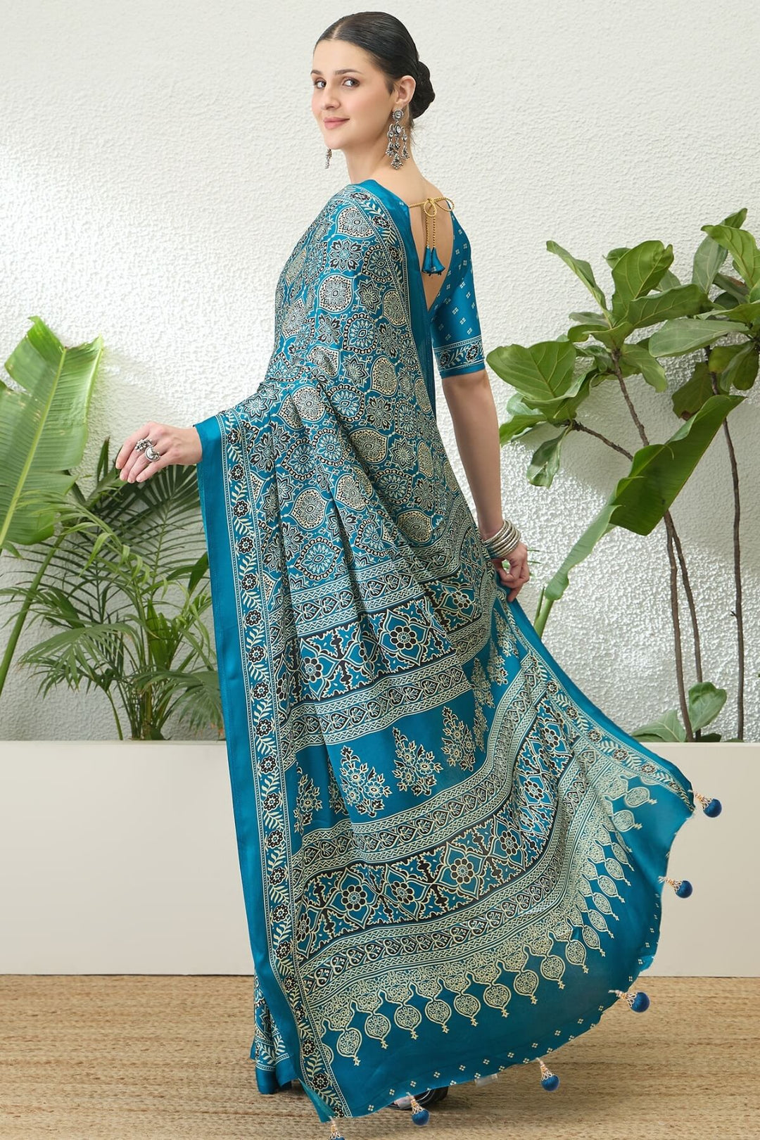 Water Blue Printed Satin Silk Saree