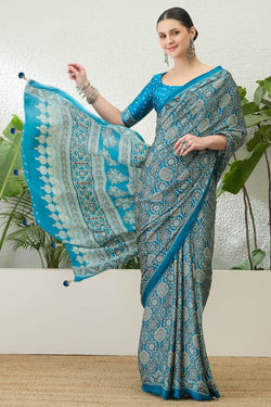 Water Blue Printed Satin Silk Saree