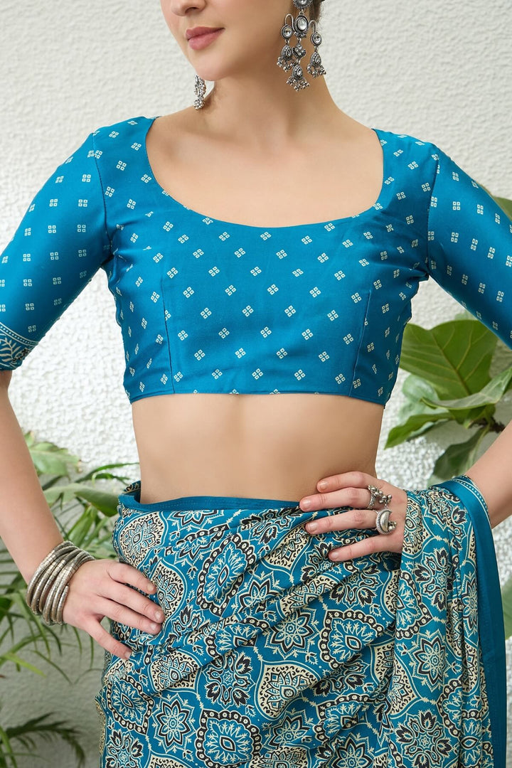 Water Blue Printed Satin Silk Saree