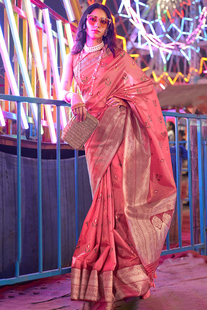 Watermelon Pink Handloom Woven Soft Banarasi Silk Saree