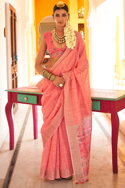 Watermelon Pink Linen Tussar Silk Saree
