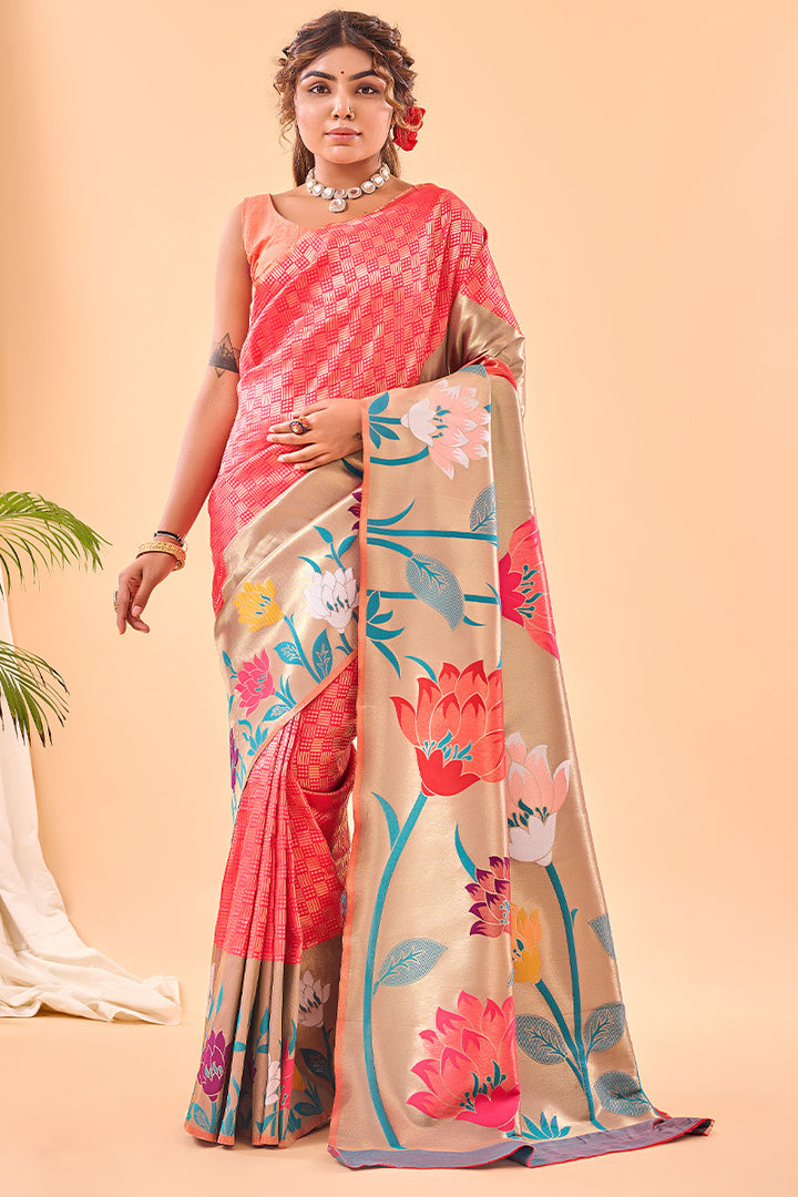 Watermelon Pink Paithani Silk Saree