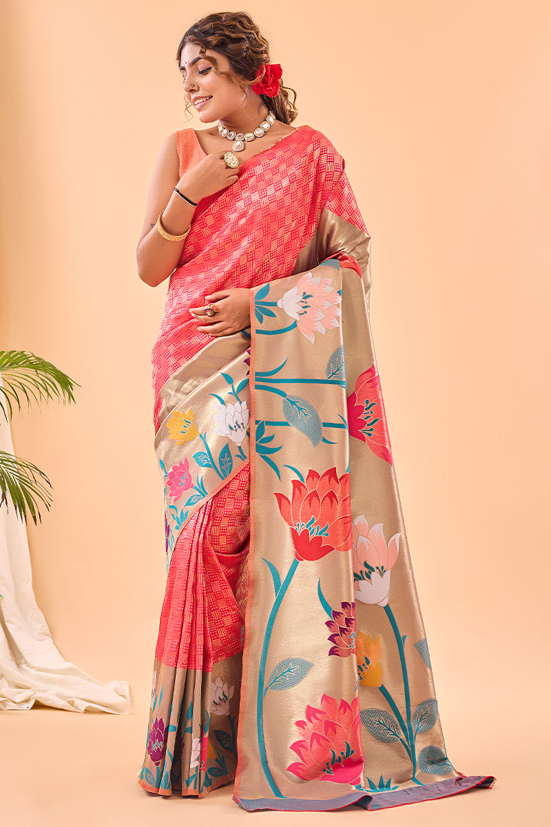 Watermelon Pink Paithani Silk Saree