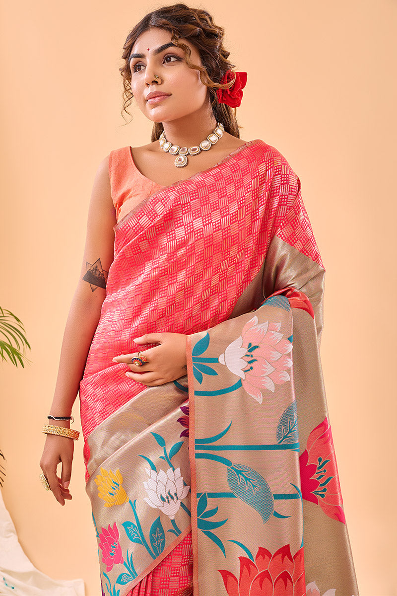 Watermelon Pink Paithani Silk Saree