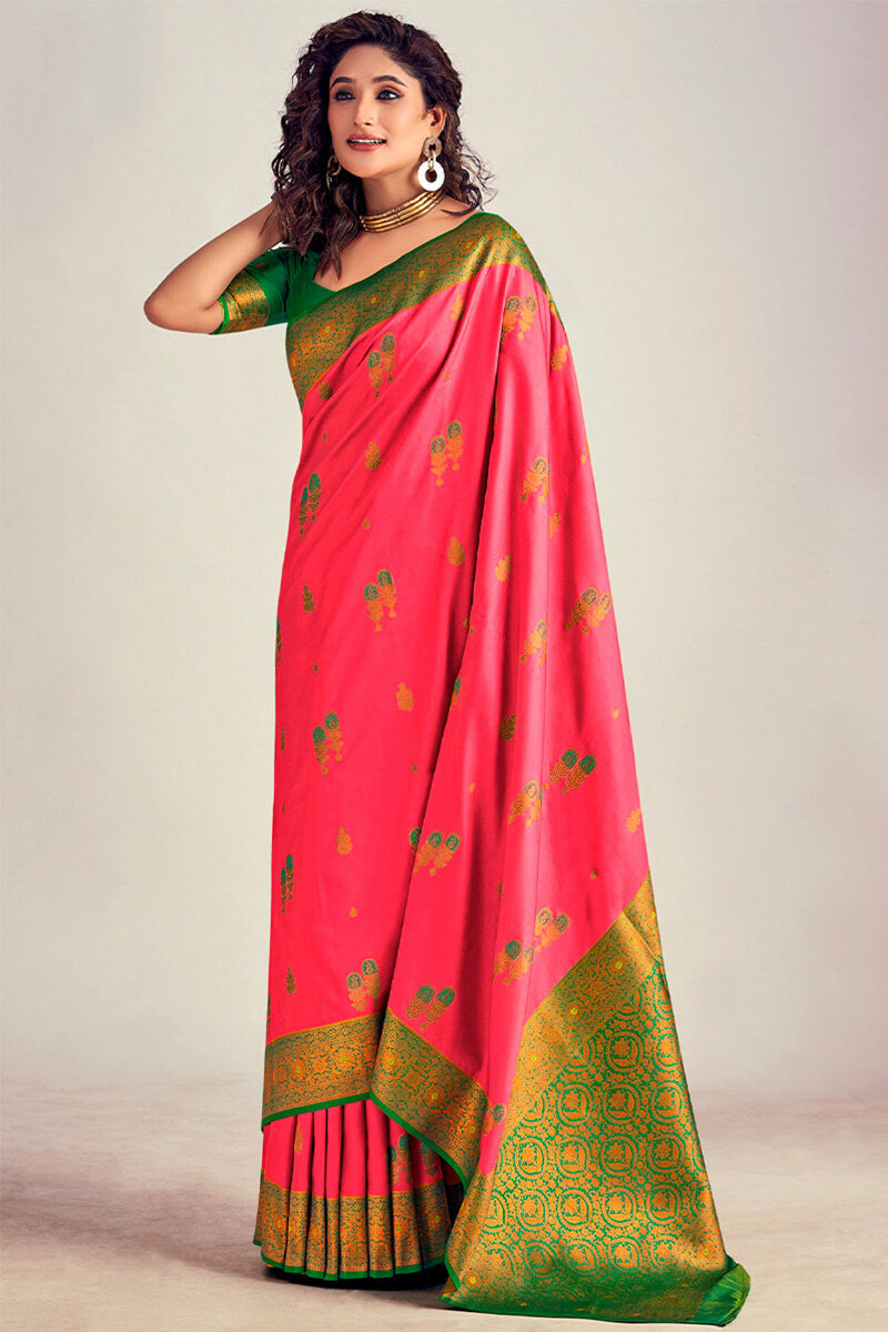 Watermelon Pink Soft Banarasi Silk Saree