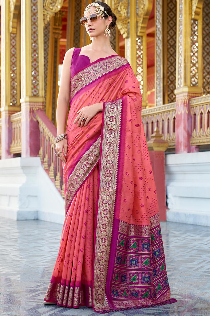 Watermelon Pink Tussar Silk Saree