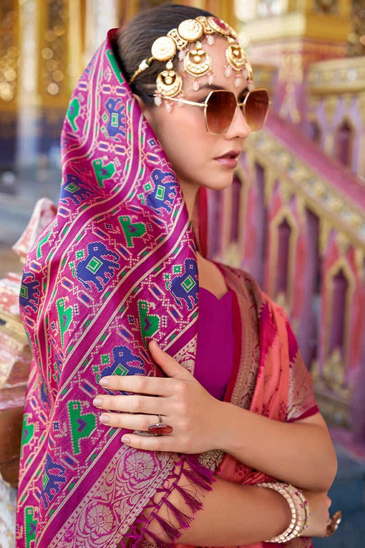 Watermelon Pink Tussar Silk Saree