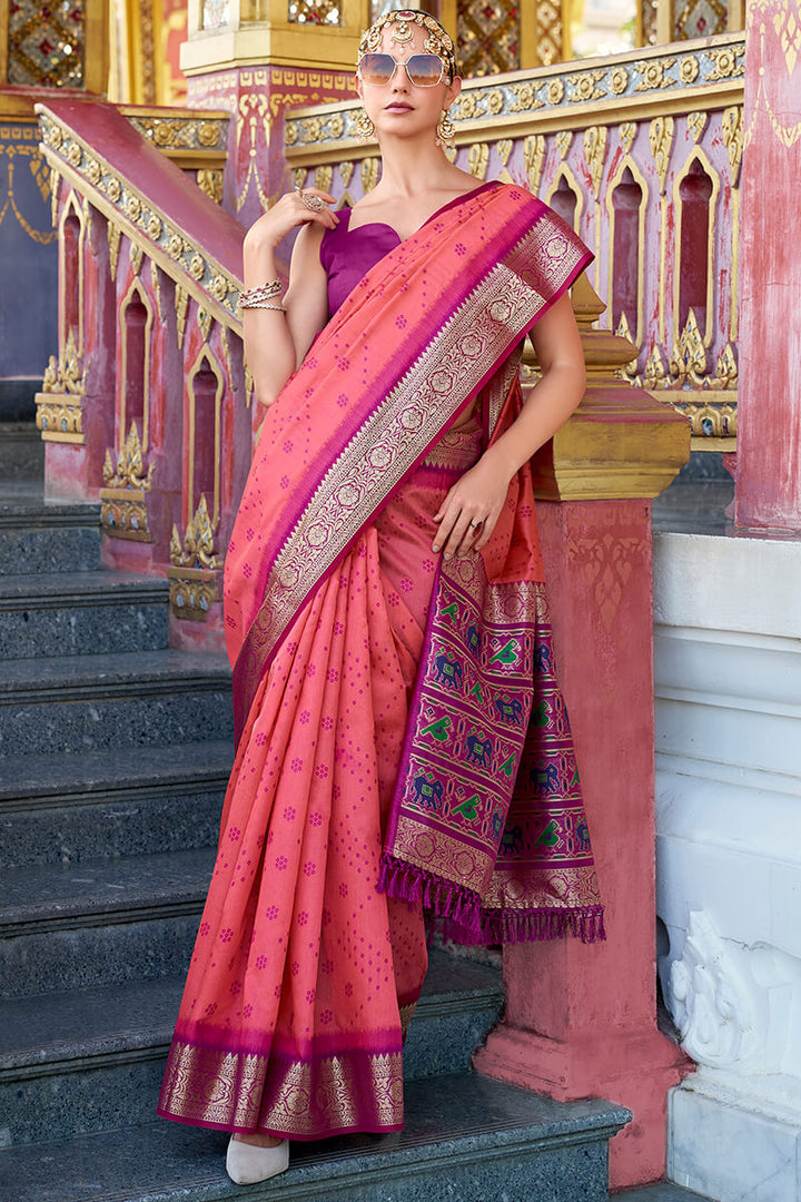 Watermelon Pink Tussar Silk Saree