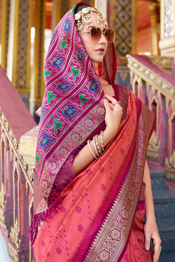 Watermelon Pink Tussar Silk Saree