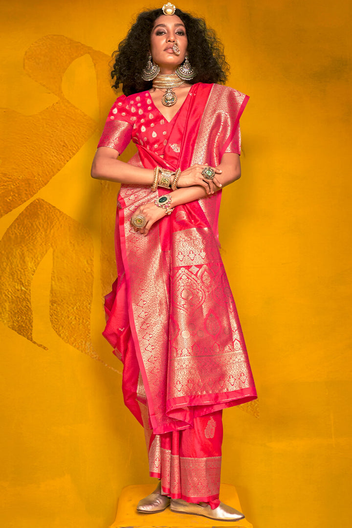 Watermelon Pink Two tone Banarasi Silk Saree