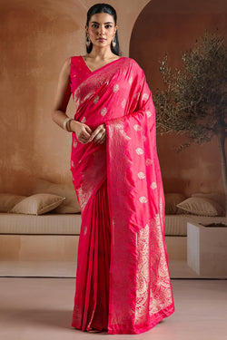 Watermelon Pink Zari Handloom Soft Banarasi Silk Saree