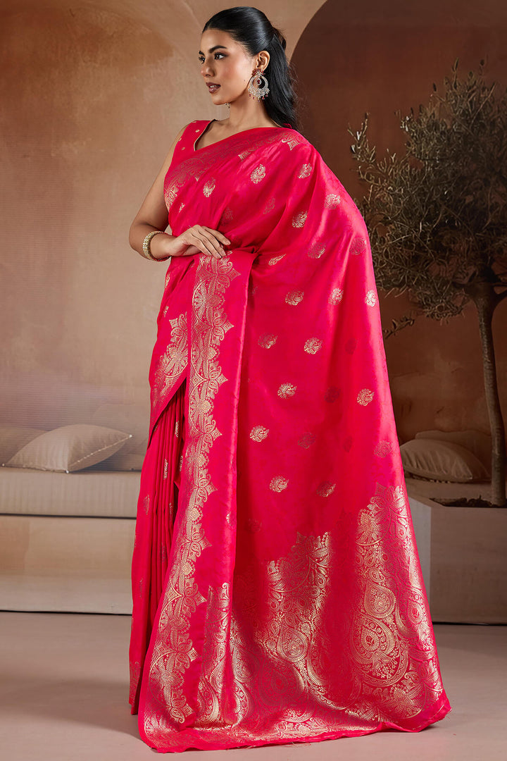 Watermelon Pink Zari Handloom Soft Banarasi Silk Saree