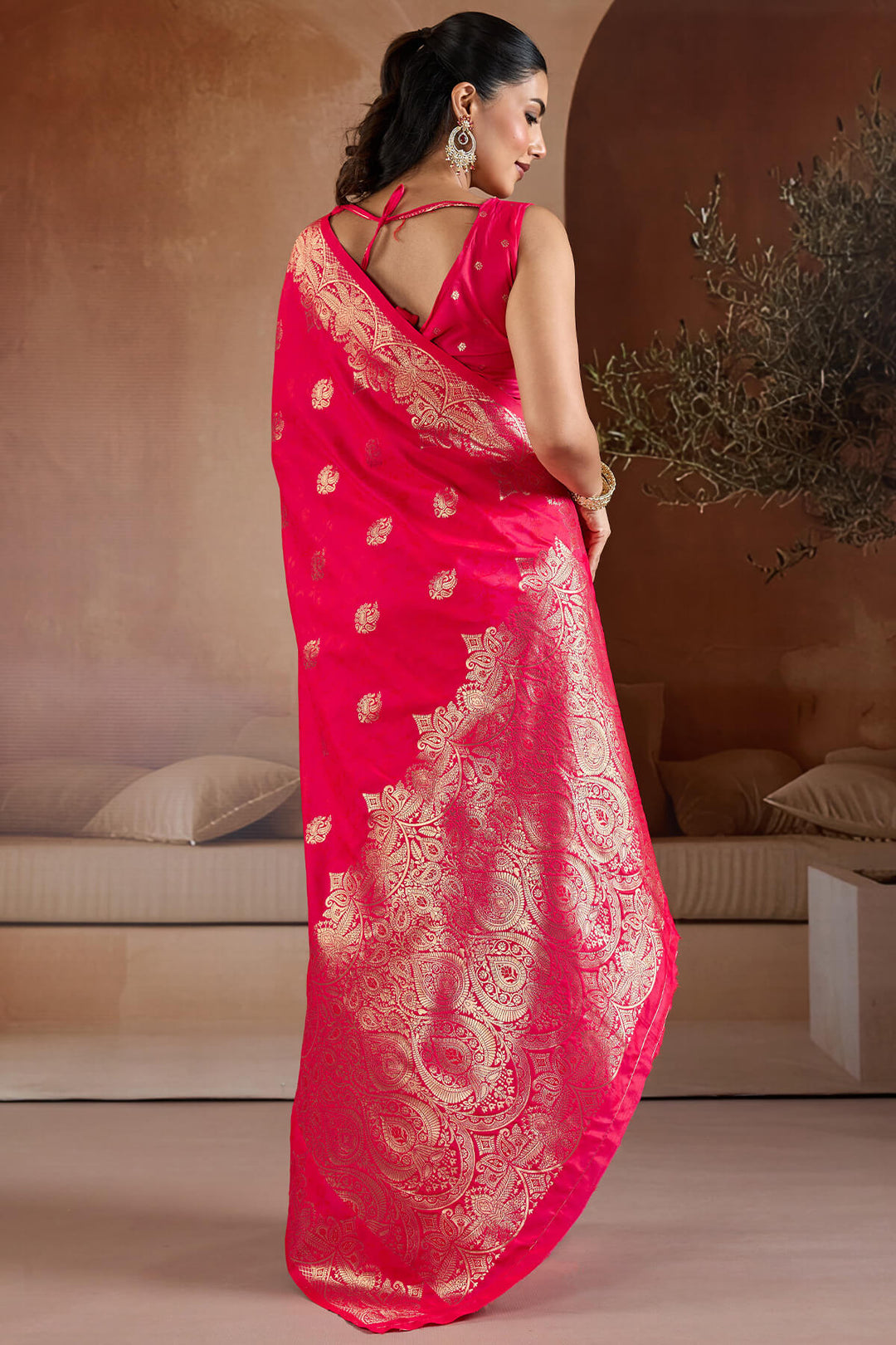 Watermelon Pink Zari Handloom Soft Banarasi Silk Saree