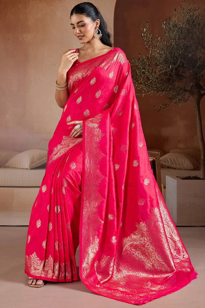 Watermelon Pink Zari Handloom Soft Banarasi Silk Saree