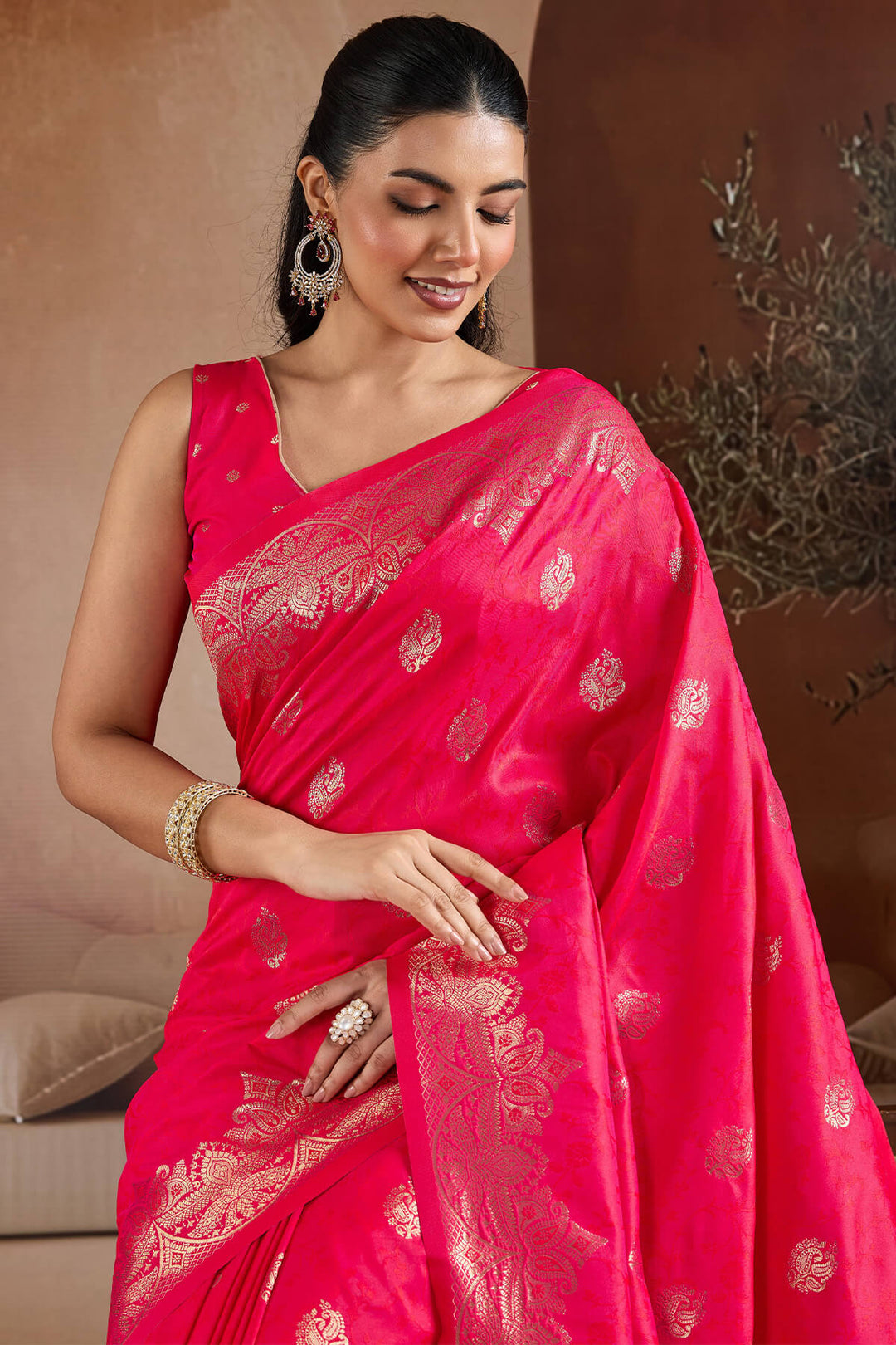 Watermelon Pink Zari Handloom Soft Banarasi Silk Saree