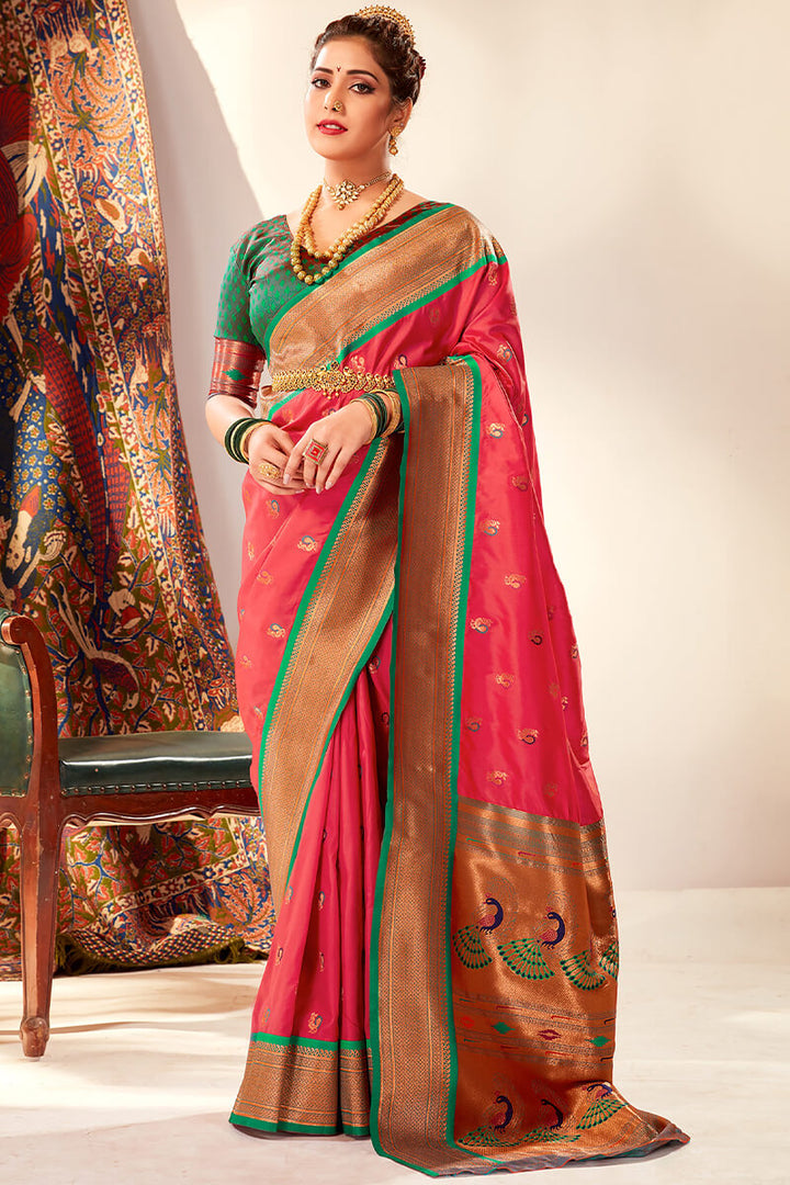 Watermelon Pink Zari Woven Paithani Silk Saree