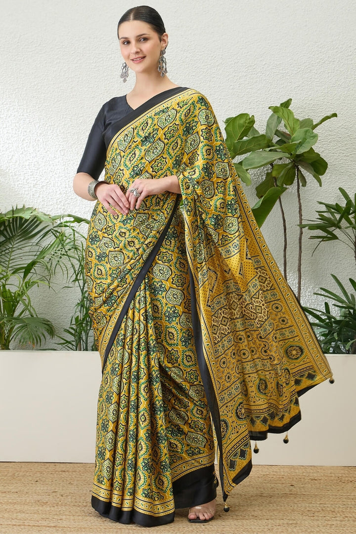 Wattle Yellow Printed Satin Silk Saree