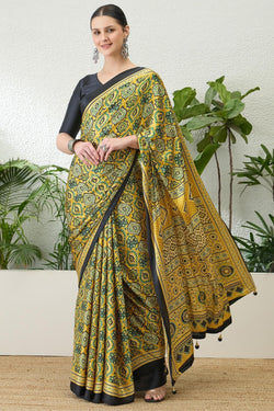 Wattle Yellow Printed Satin Silk Saree