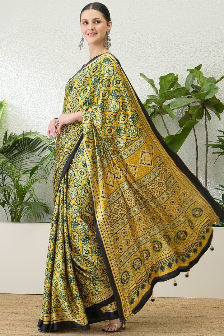 Wattle Yellow Printed Satin Silk Saree
