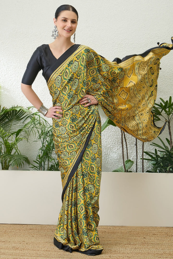 Wattle Yellow Printed Satin Silk Saree