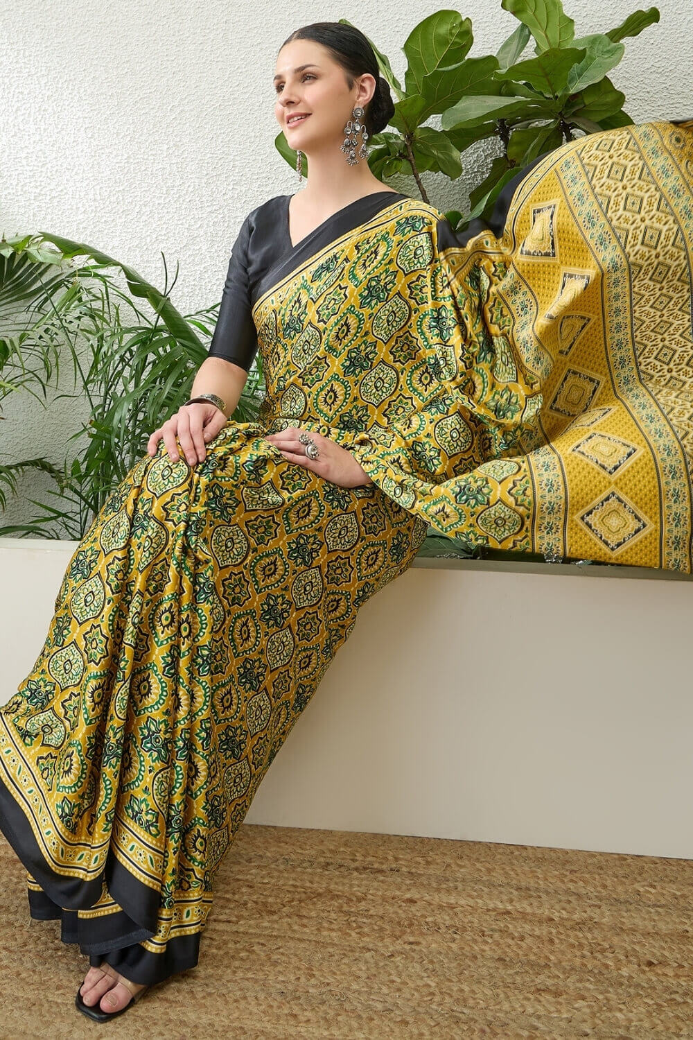 Wattle Yellow Printed Satin Silk Saree