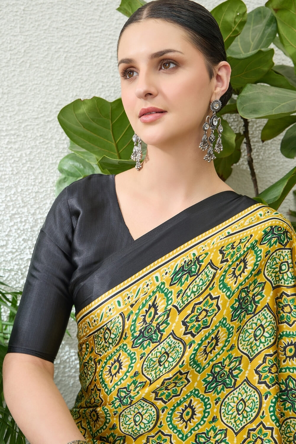 Wattle Yellow Printed Satin Silk Saree