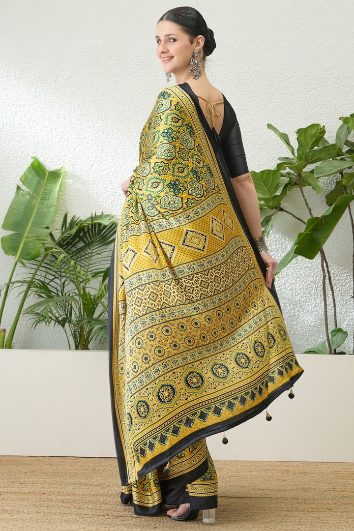Wattle Yellow Printed Satin Silk Saree