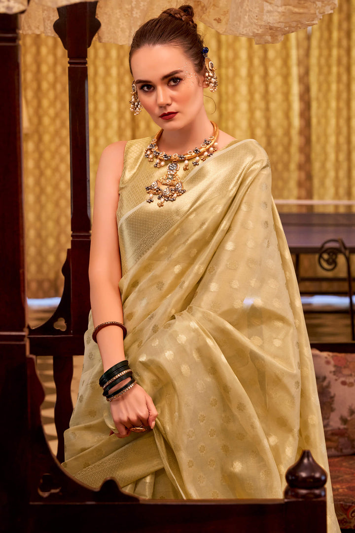 Whisper Beige Banarasi Tissue Silk Saree
