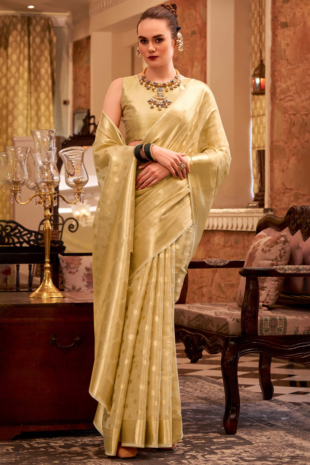 Whisper Beige Banarasi Tissue Silk Saree