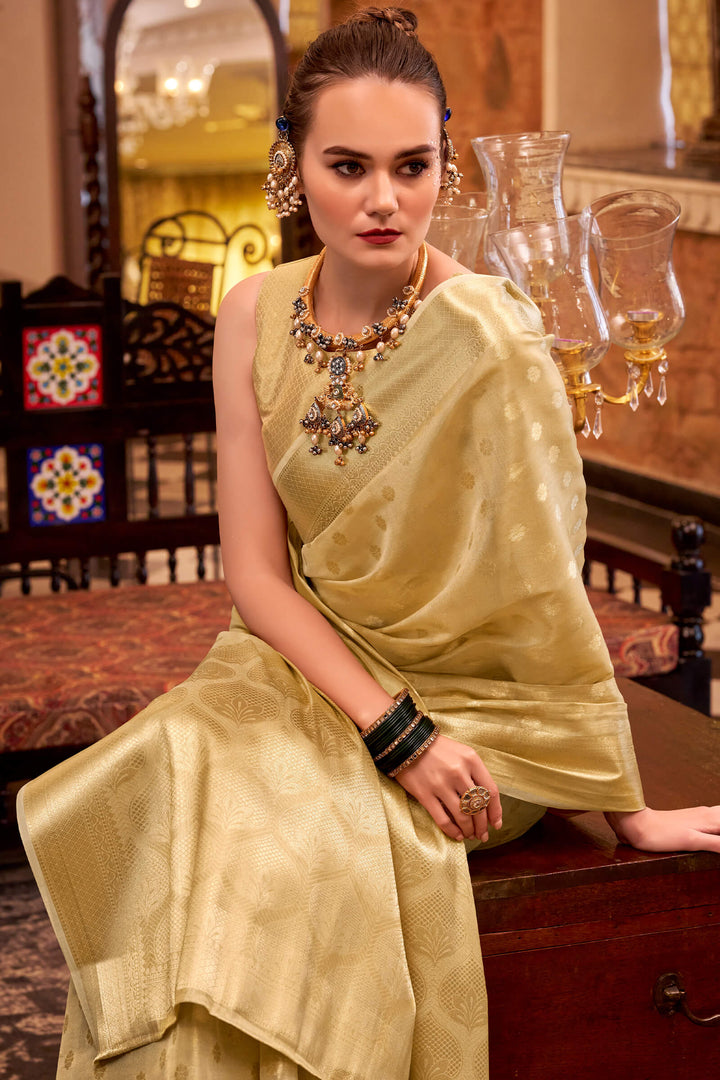 Whisper Beige Banarasi Tissue Silk Saree