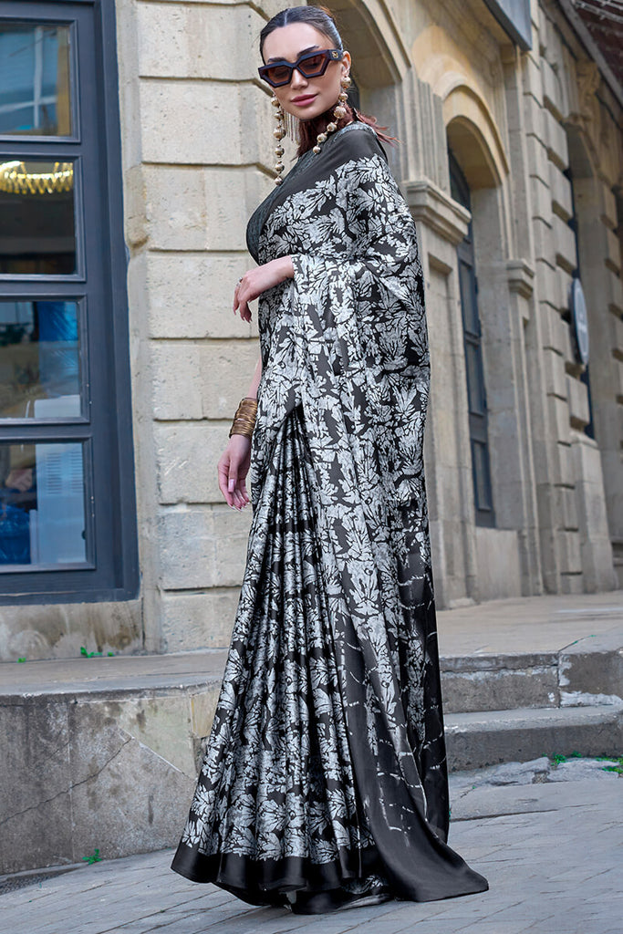 White and Black Printed Satin Silk Saree