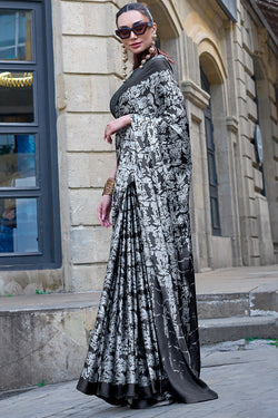 White and Black Printed Satin Silk Saree