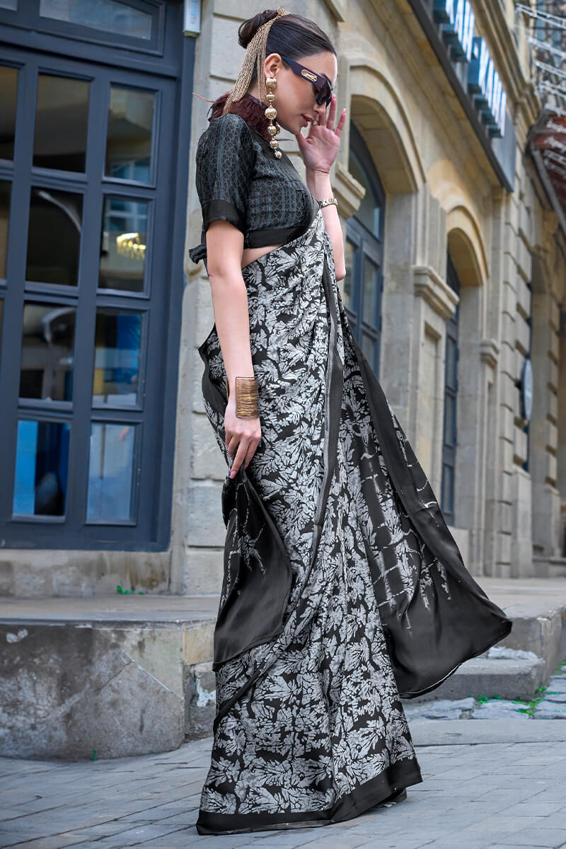 White and Black Printed Satin Silk Saree