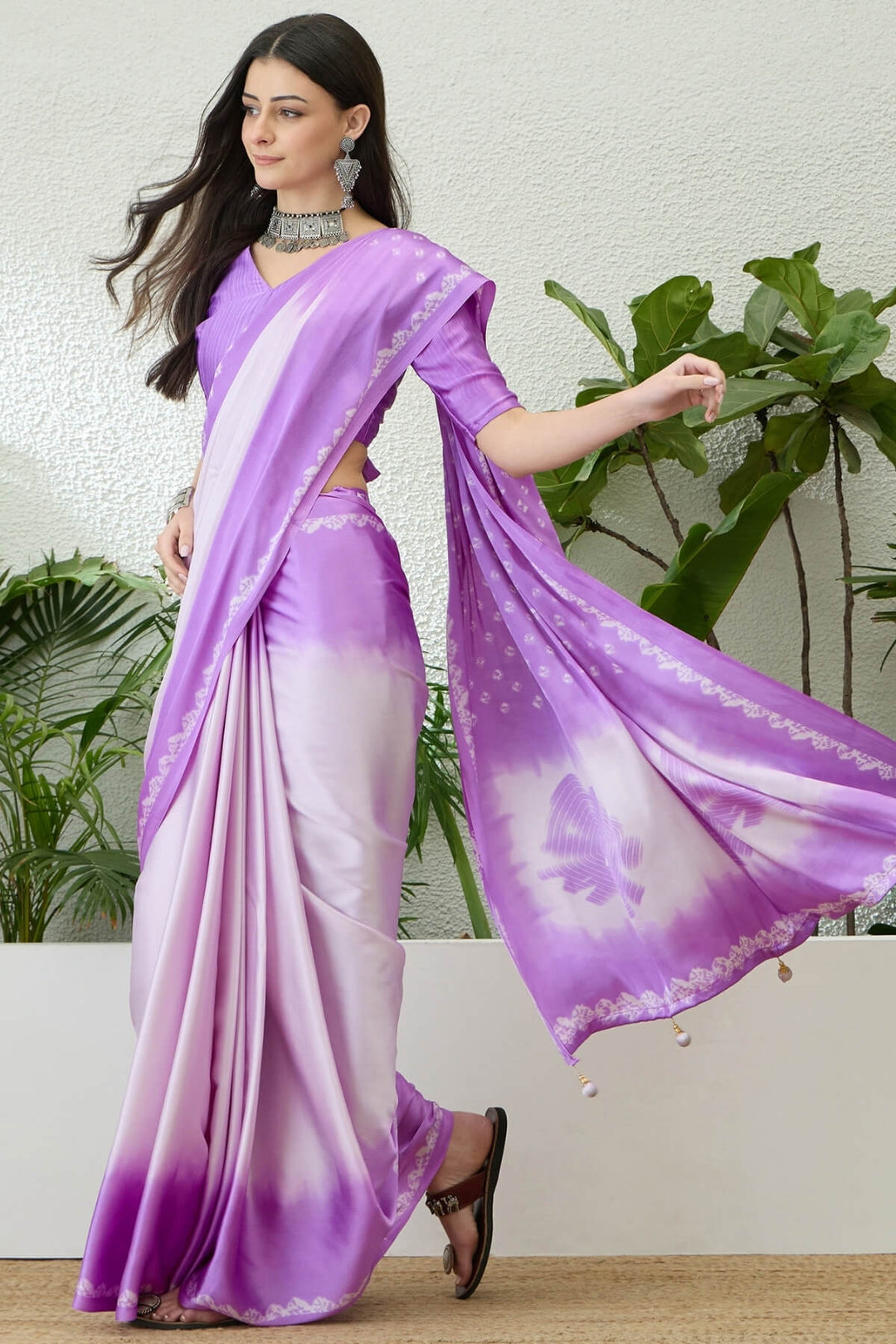 White and Lavender Printed Satin Silk Saree