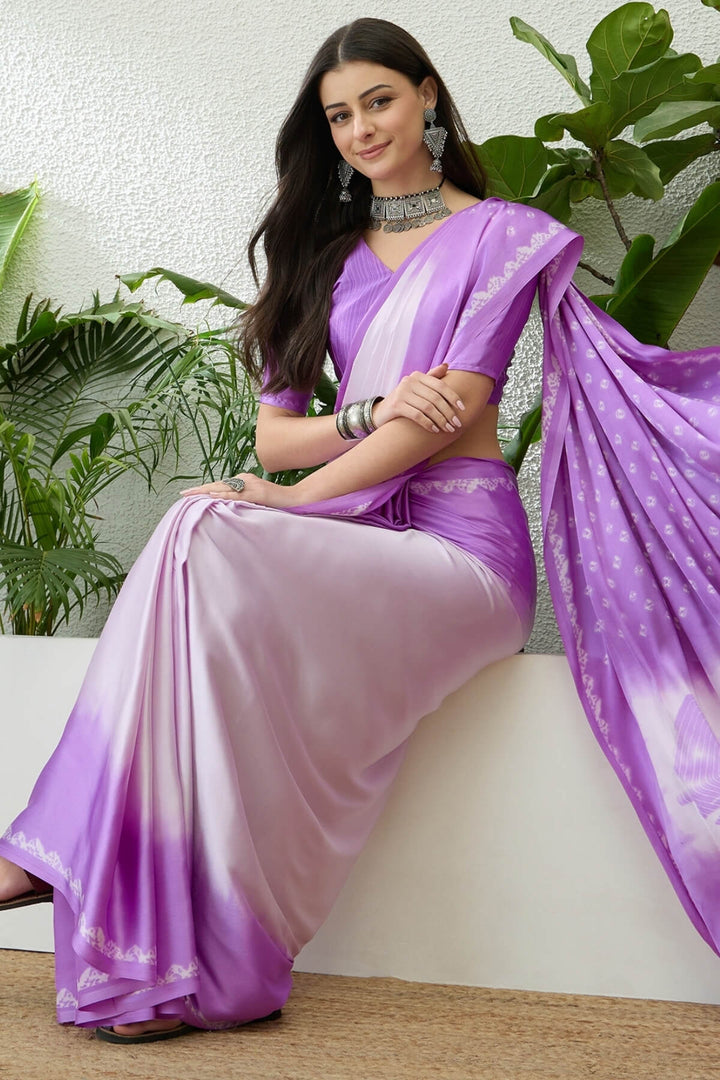 White and Lavender Printed Satin Silk Saree