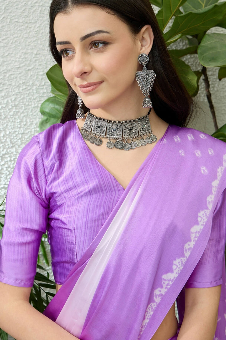 White and Lavender Printed Satin Silk Saree