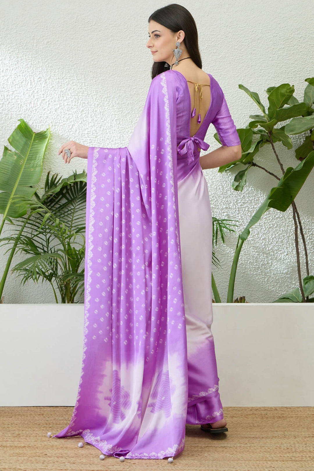 White and Lavender Printed Satin Silk Saree