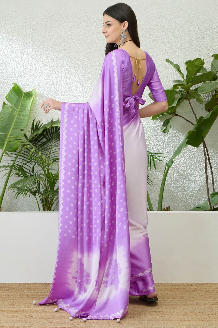 White and Lavender Printed Satin Silk Saree