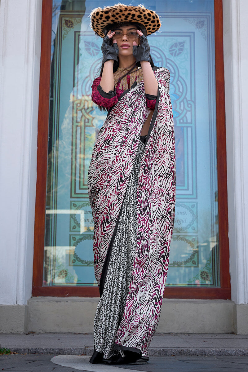 White and Maroon Printed Satin Silk Saree